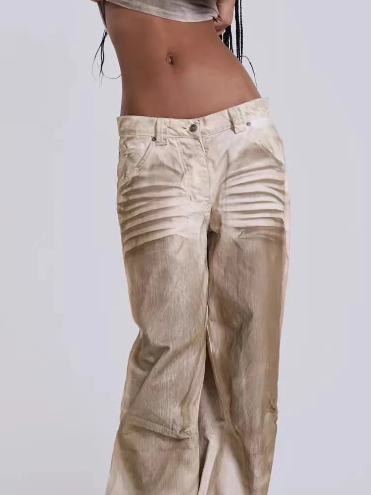 DEAT Fashion Dirty Dyed Jeans Women's High Waist Loose Straight Wide Leg Denim Pants Summer New 7A609