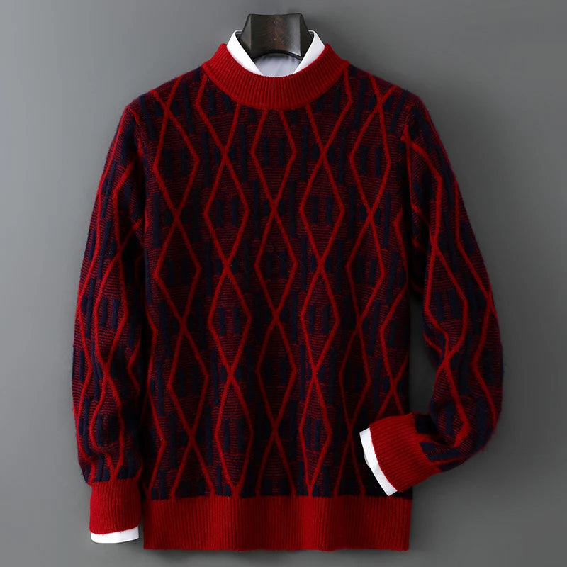 New 100% Pure Wool Cashmere Men's Mock-Neck Pullover Autumn And Winter Color Matching Top Casual Thick Fashion Large Size Jacket