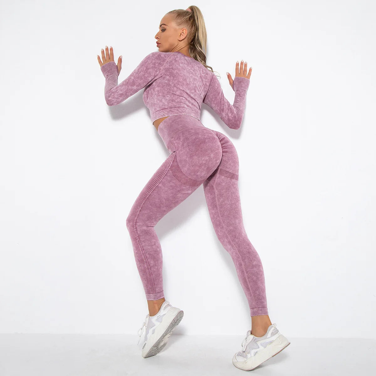 Women Seamless Tracksuit Yoga Set 2PCS Workout Clothes Athletic Wear Gym Legging Fitness Bra Crop Top Long Sleeve Sports Suits