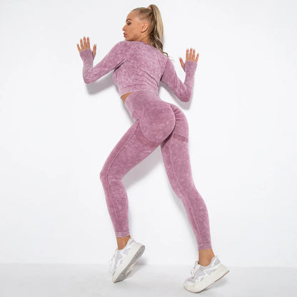 Women Seamless Tracksuit Yoga Set 2PCS Workout Clothes Athletic Wear Gym Legging Fitness Bra Crop Top Long Sleeve Sports Suits