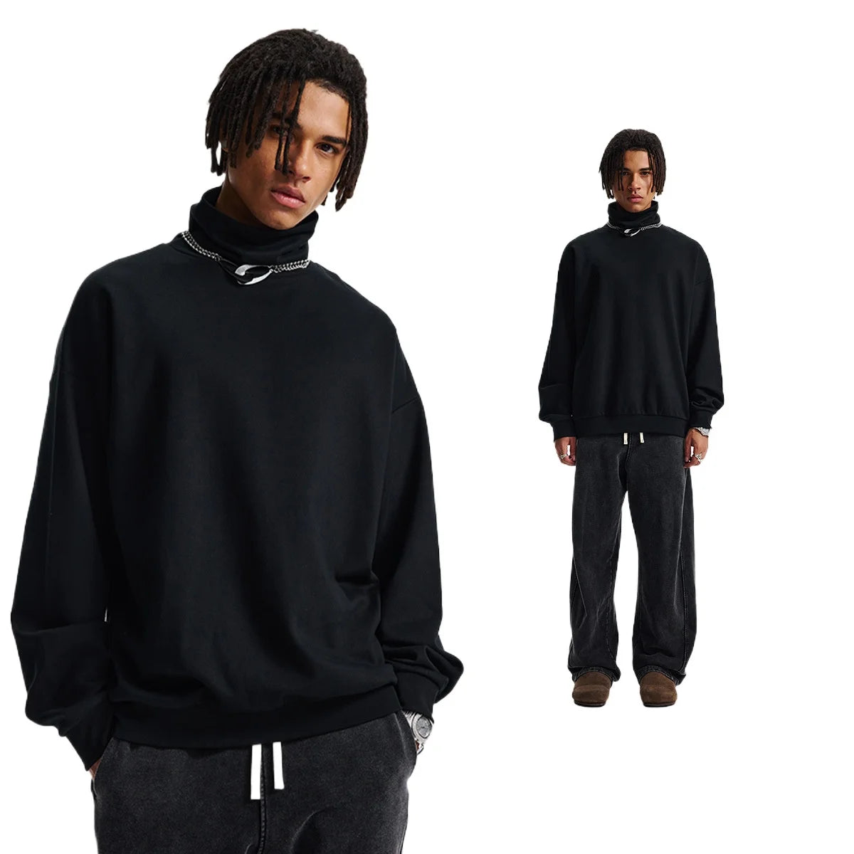 Custom LOGO Men's 305G Spring  Autumn New Cotton Polyester Turtleneck Casual Warm  High Elastic Couple Long Sleeve T-Shirt