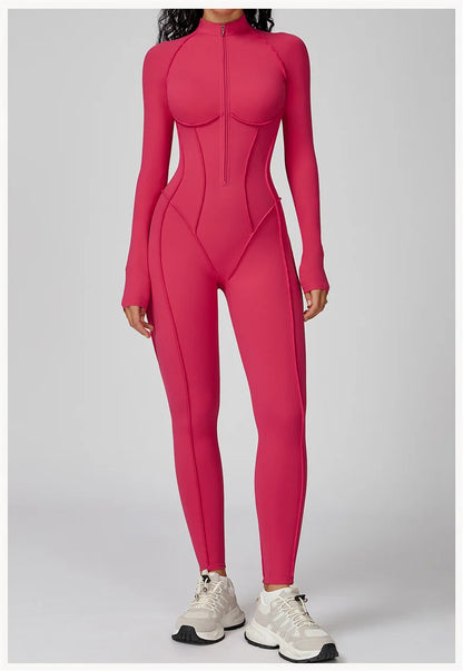 TRY TO BN Gym Jumpsuit Half Zipper Sports Stripe Fitness Bodysuit One-Piece Workout Activewear Tights Woman Suits Yoga Clothing