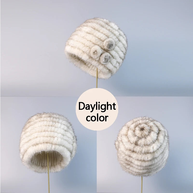New fashion Genuine real natural women's knitted Mink Fur Hat  hand made knit Fashion Winter Headgear  brimless cap