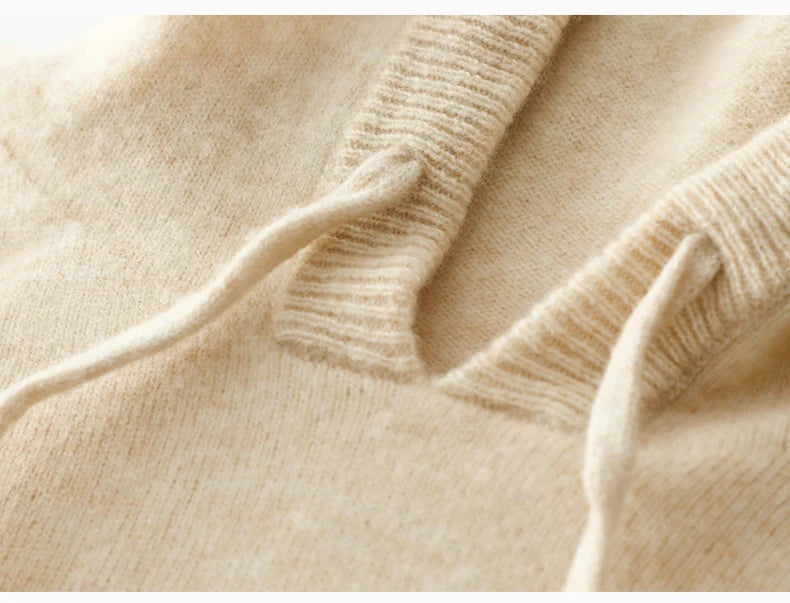 Men's 100% Merino Wool Sweater Hooded Collar Knitted Pullover Cashmere Sweatshirt Autumn Winter Casual Large Tops Long Sleeved