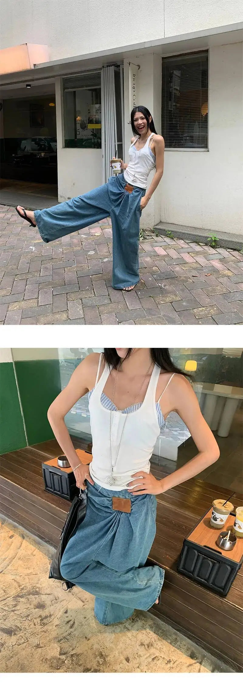 DEAT Fashion Folds Design Sense Jeans Women's High Waist Loose Wide Leg Blue Denim Pants Summer New Tide 7AB9503