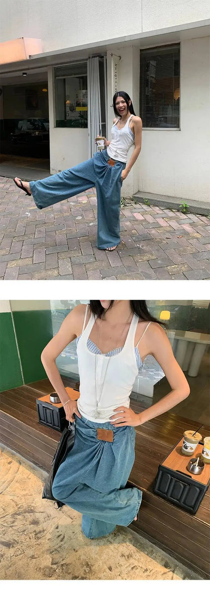 DEAT Fashion Folds Design Sense Jeans Women's High Waist Loose Wide Leg Blue Denim Pants Summer New Tide 7AB9503