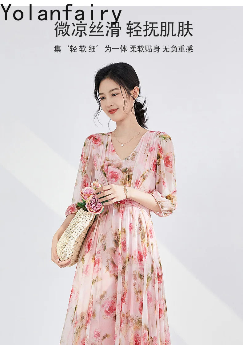YOLANFAIRY 100% Real Silk Floral Dresses Woman Summer Clothes Elegant Mulberry Silk Pink Dress Romantic Women's Birthday Dress