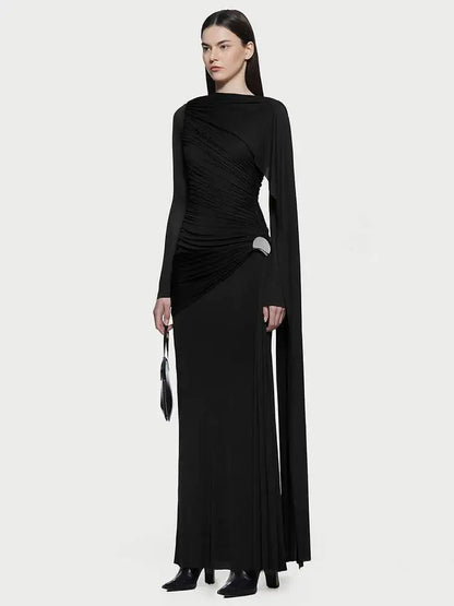DEAT Fashion Brown Asymmetric Pleated Minimalist Dress Women's Round Neck Slim Fit Long Sleeves Ankle-length Dresses New