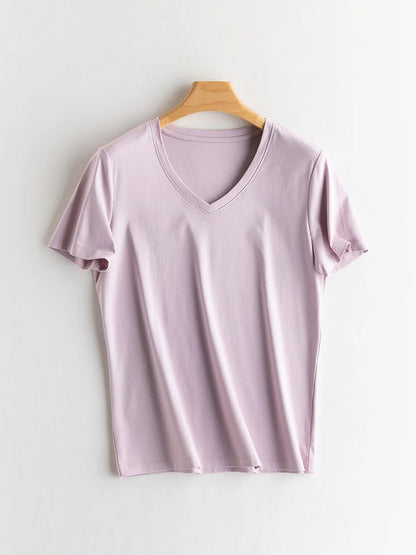 SuyaDream Women Solid T shirts, Silk Cotton Blend, O Neck, Short Sleeved Solid Tee,2025 Summer Candy Colors Basic Cozy Top Green