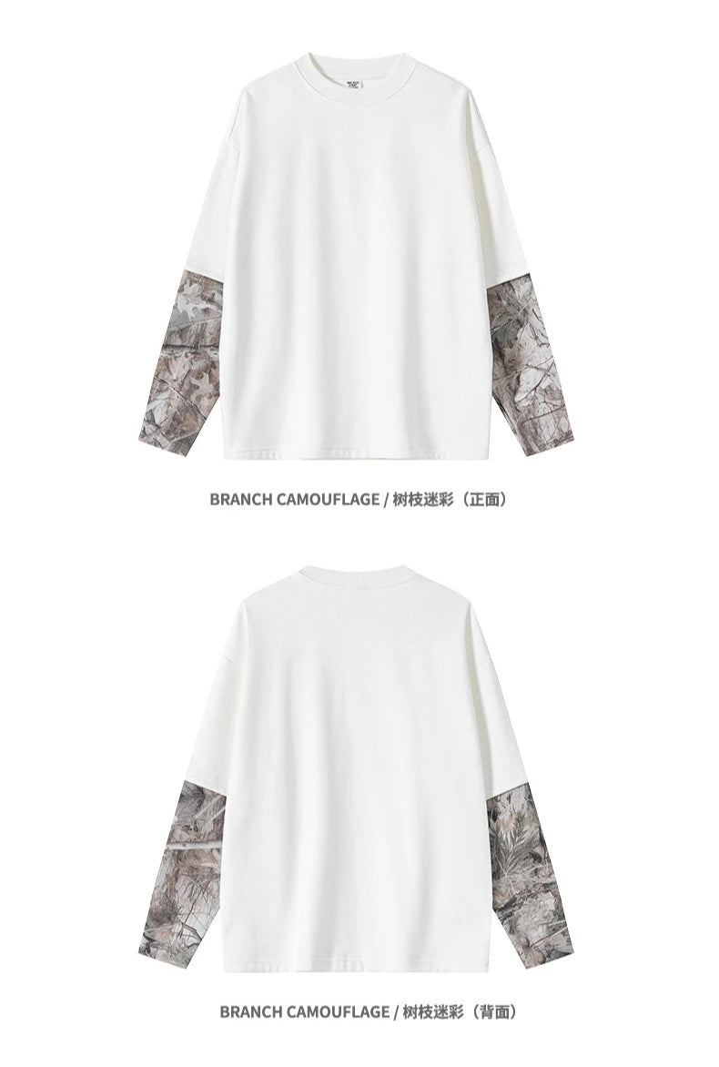 Custom LOGO Men's 2025 Autumn New 340G fleece-lined Fake Two-piece Camouflage Sweater T-Shirt Casual Pants Set