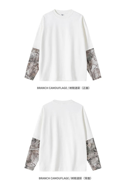 Custom LOGO Men's 2025 Autumn New 340G fleece-lined Fake Two-piece Camouflage Sweater T-Shirt Casual Pants Set