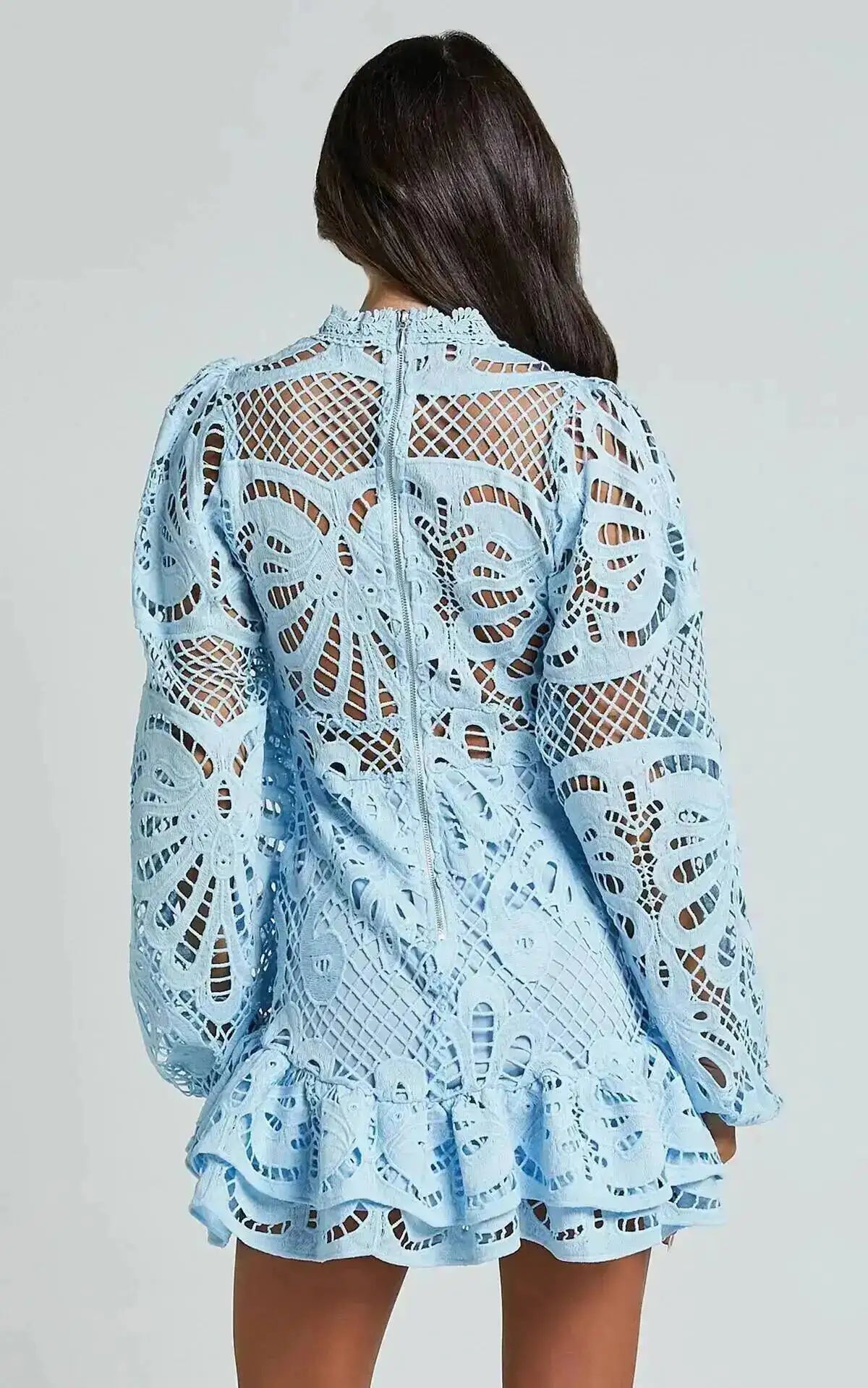 DEAT Fashion White Stand Collar Lantern Long Sleeve Water-soluble Lace Dress A-line Ruffle Hollow Party Mini Dresses Summer New