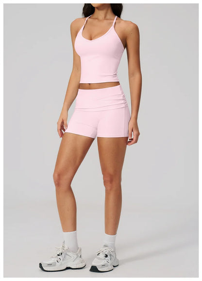 TRY TO BN Two Pieces Women's Tracksuit Vest Sling Top Set Fold-over Waist Yoga Shorts Hip Lifting Running Fitness Gym Activewear
