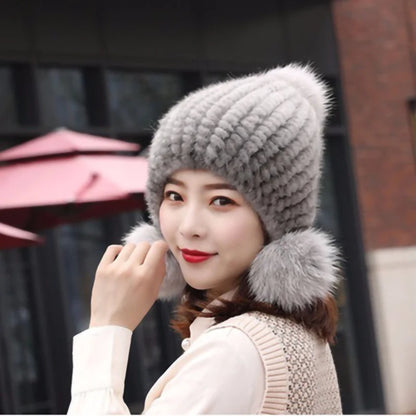 Fashion Women Real mink hat Winter warm mink fur knit hats Women fox fur ball cap