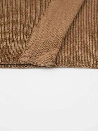 DEAT Fashion Brown Irregular Knitted Tops Women's Turtleneck Slim Fit Button Long Sleeves Short Sweater Autumn New