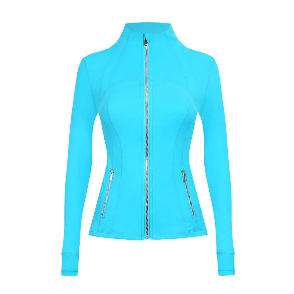 Personalized LOGO custom women's gold zip jacket tight stand-up collar quick-drying fitness running yoga suit 41-color S-3XL top