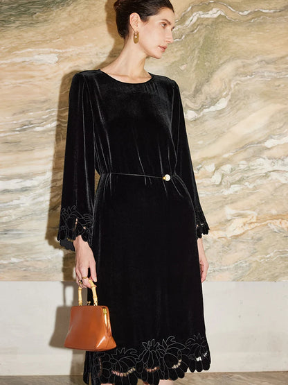 SuyaDream, Women Velvet Dresses, 100%Real Silk, O Neck, Embroidery Black Mid Dress, 2026 Spring Summer Elegant Cloth