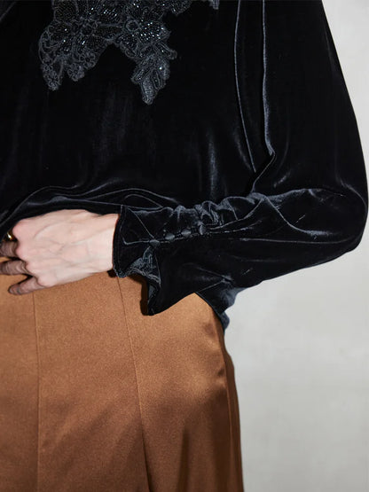 SuyaDream Women Black Blouses, 100%Silk Velour, Round Collar, Elegant Embriodery Velvet Shirts, 2026 Spring Summer Casual Top