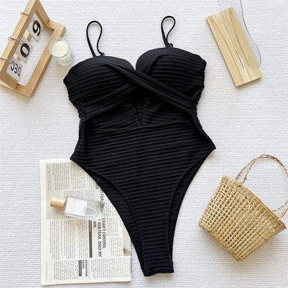 Sexy Ribbed Cut Out U Neck Women Swimwear One Piece Swimsuit Female Monokini High Cut Leg Padded Bather Bathing Suit Swim V7604