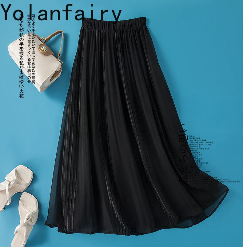 YOLANFAIRY 8mm 100% Real Mulberry Silk Skirts for Women 2026 Summer Solid Elastic Waist Skirt Woman Elegant Black Skirt Fashion