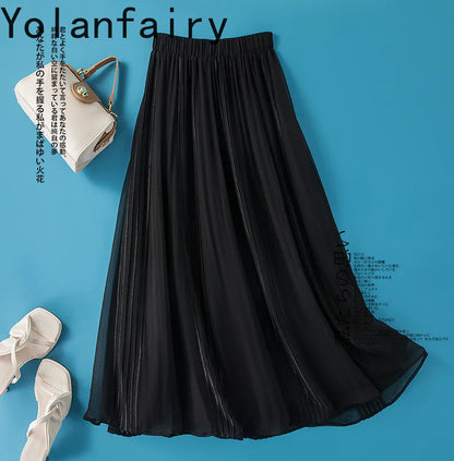 YOLANFAIRY 8mm 100% Real Mulberry Silk Skirts for Women 2026 Summer Solid Elastic Waist Skirt Woman Elegant Black Skirt Fashion