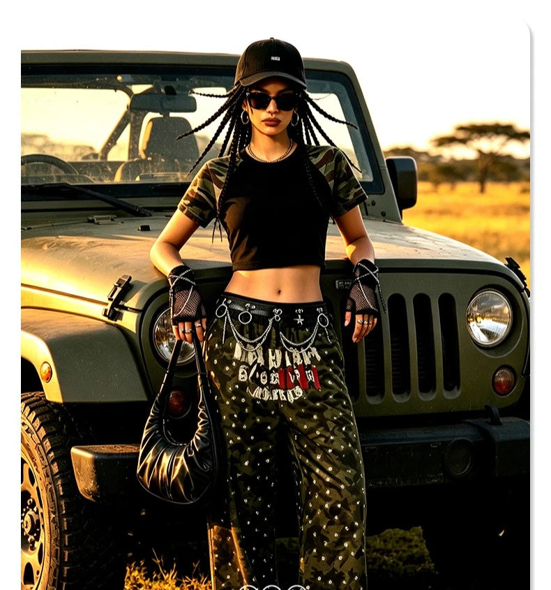 Custom LOGO Women's American Street Spice Girl Camouflage Ragged Short Sleeve T-Shirt 210G Cotton Slim-fit Contrast Top