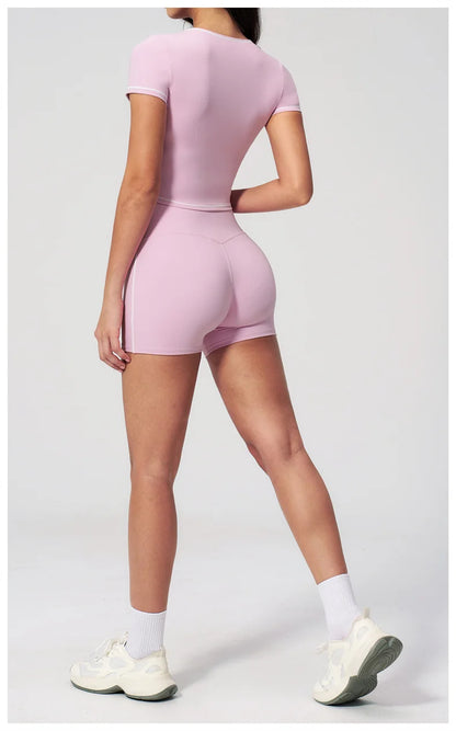 TRY TO BN 2 Pieces Women's Tracksuit Yoga Short Sleeves Top Sets High Waist Shorts Contrasting Color Running Fitness Gym Clothes