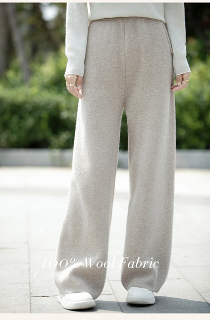 DjzDsm Women's 100% Merino Wool Wide Leg Straight Leg Pants Autumn Winter Thickened Comfortable Fit Trousers