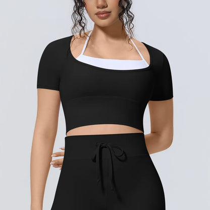 Yoga Sexy Dance Clothes High Elastic Sports T-shirt Women Fitness Top Short Sleeves Running Shirts Gym Push Up Workout Top Tee