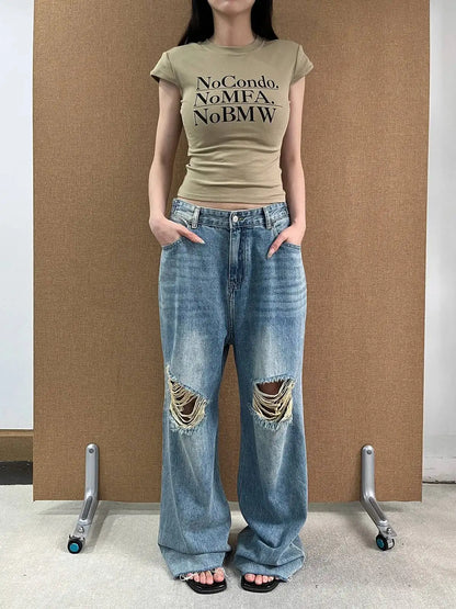 DEAT Fashion Ripped Straight Blue Jeans Women's High Waist Streetwear Denim Pants Summer New 7A4060