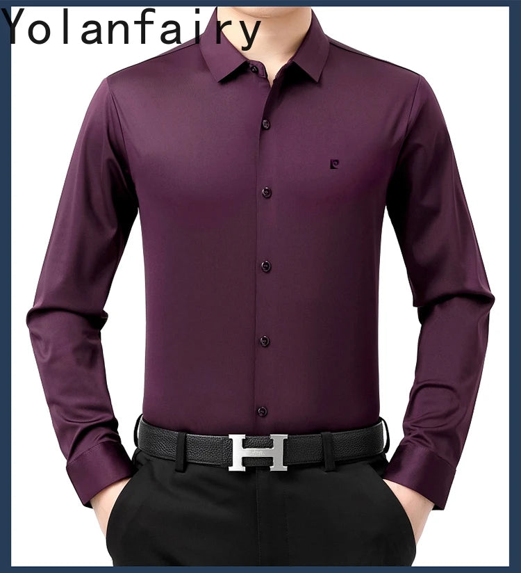 YOLANFAIRY 100% Mulberry Silk Long Sleeve Shirt Man Spring Autumn Casual Silk Mens Shirts Warm Male White Shirt chemises hommes
