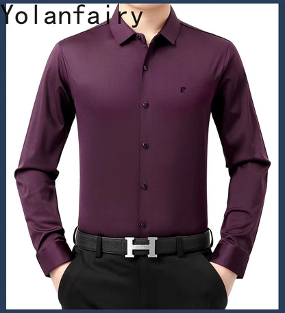 YOLANFAIRY 100% Mulberry Silk Long Sleeve Shirt Man Spring Autumn Casual Silk Mens Shirts Warm Male White Shirt chemises hommes
