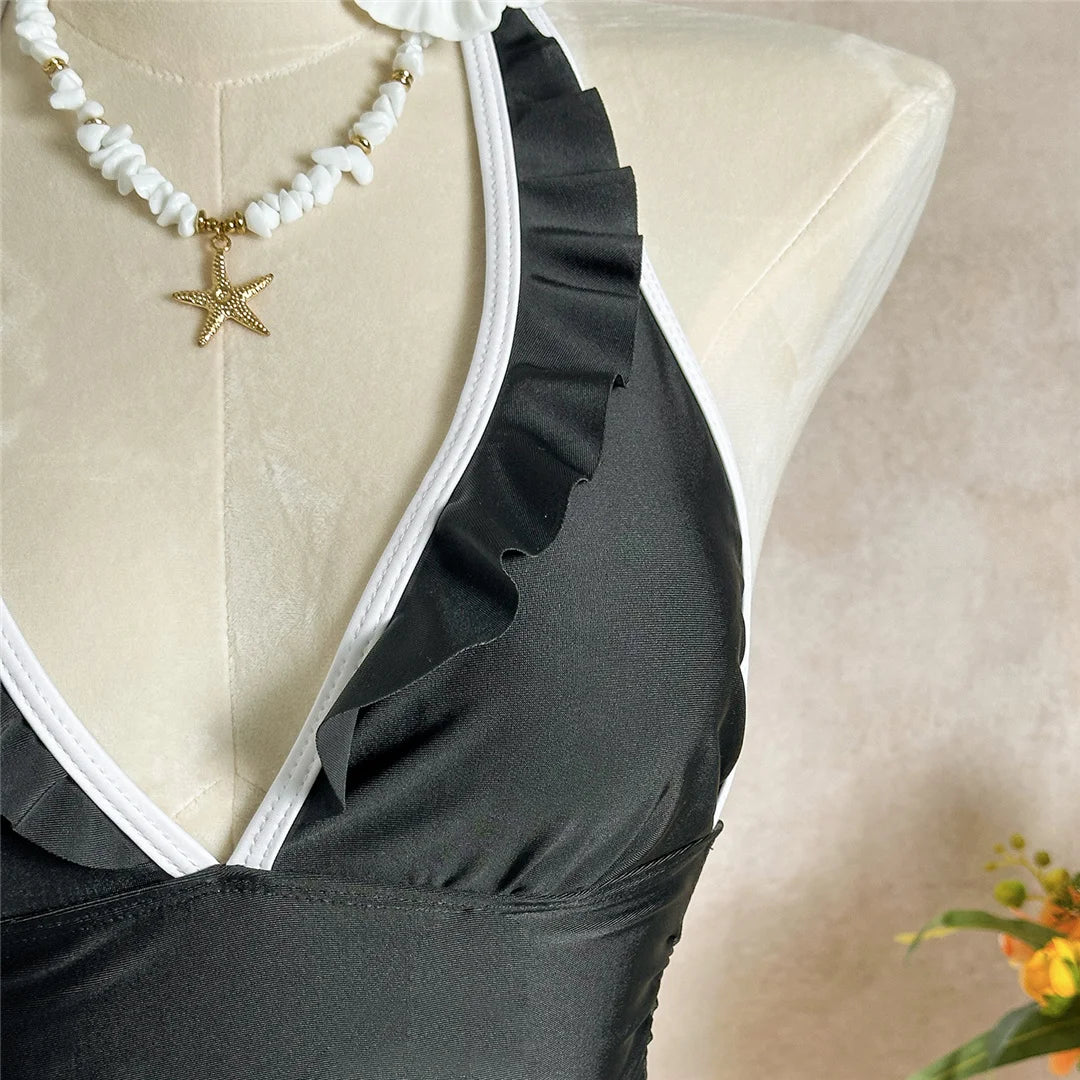 V Neck Halter Ruffled Frilled Women Swimwear One Piece Swimsuit Female Backless Monokini Padded Bather Bathing Suit Swim V7809