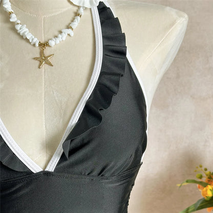 V Neck Halter Ruffled Frilled Women Swimwear One Piece Swimsuit Female Backless Monokini Padded Bather Bathing Suit Swim V7809