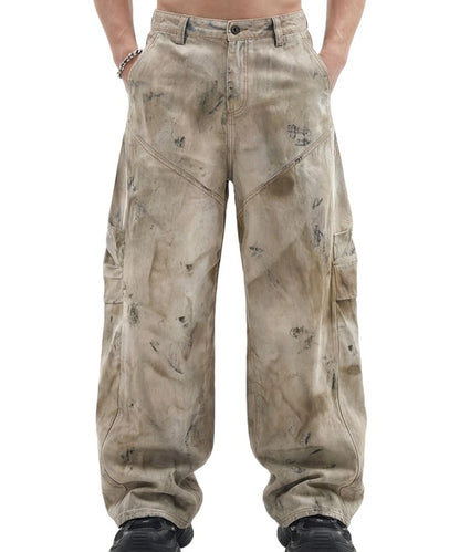 Custom LOGO men's 270G pure cotton high street retro casual pants scimitar denim texture mud yellow old loose wide-leg pants