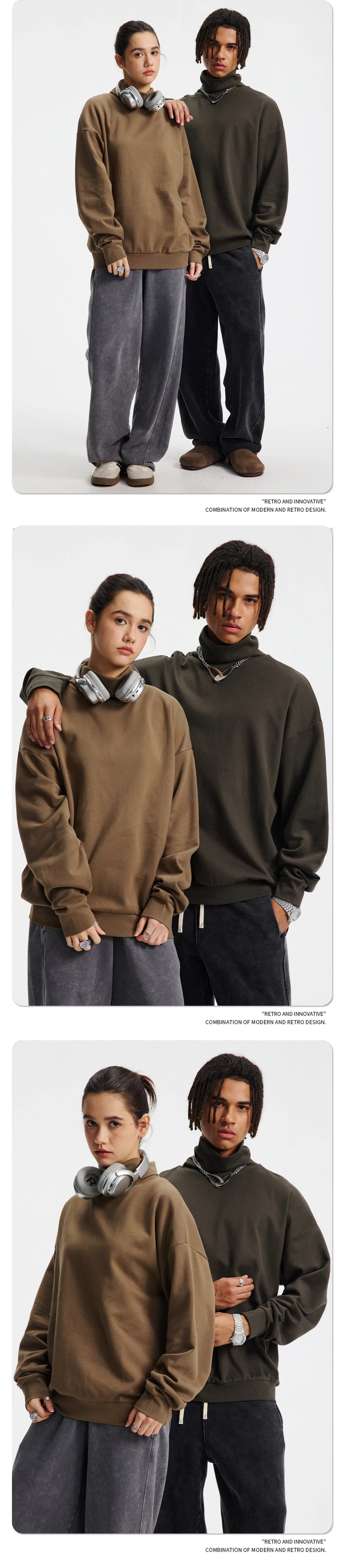 Custom LOGO Men's 305G Spring  Autumn New Cotton Polyester Turtleneck Casual Warm  High Elastic Couple Long Sleeve T-Shirt