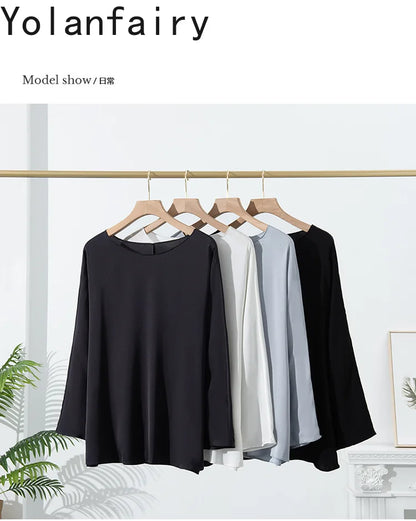 YOLANFAIRY 23MM 93% Real Mulberry Silk T Shirts for Women Summer O-neck Blouse Woman Elegant Shirt Loose OL Tops and Blouses