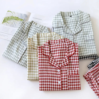 2026 Spring/Summer Couple Pajama Set 100% Cotton Double Layer Gauze Men's and Women's Japanese Plaid Set Long sleeved Home Fury