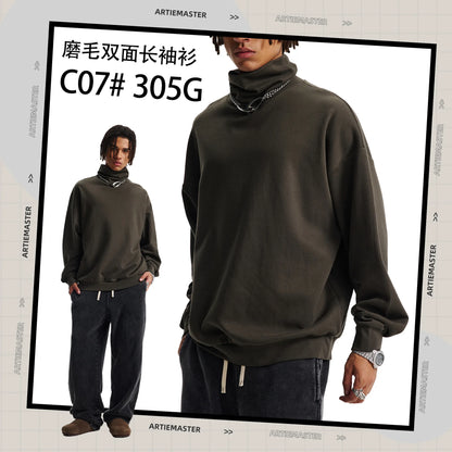 Custom LOGO Men's 305G Spring  Autumn New Cotton Polyester Turtleneck Casual Warm  High Elastic Couple Long Sleeve T-Shirt