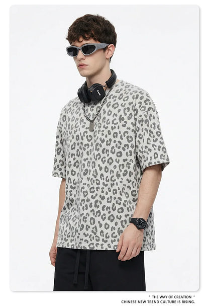 Custom LOGO men's new summer 240G cotton polyester American retro BOXY leopard print short-sleeved T-shirt casual loose top