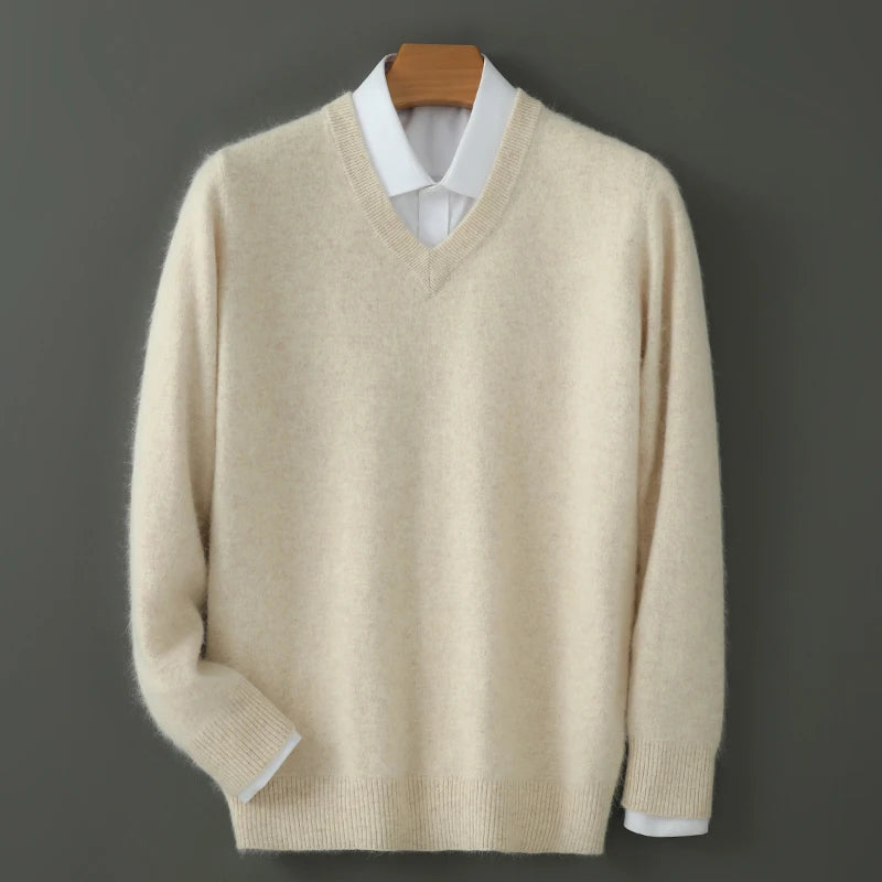 100% Pure Mink Cashmere Sweater Men's V-Neck Pullovers Knit Large Size Mink Sweater Winter New Long Sleeve High-End Jumpers Tops