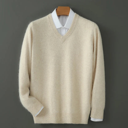 100% Pure Mink Cashmere Sweater Men's V-Neck Pullovers Knit Large Size Mink Sweater Winter New Long Sleeve High-End Jumpers Tops