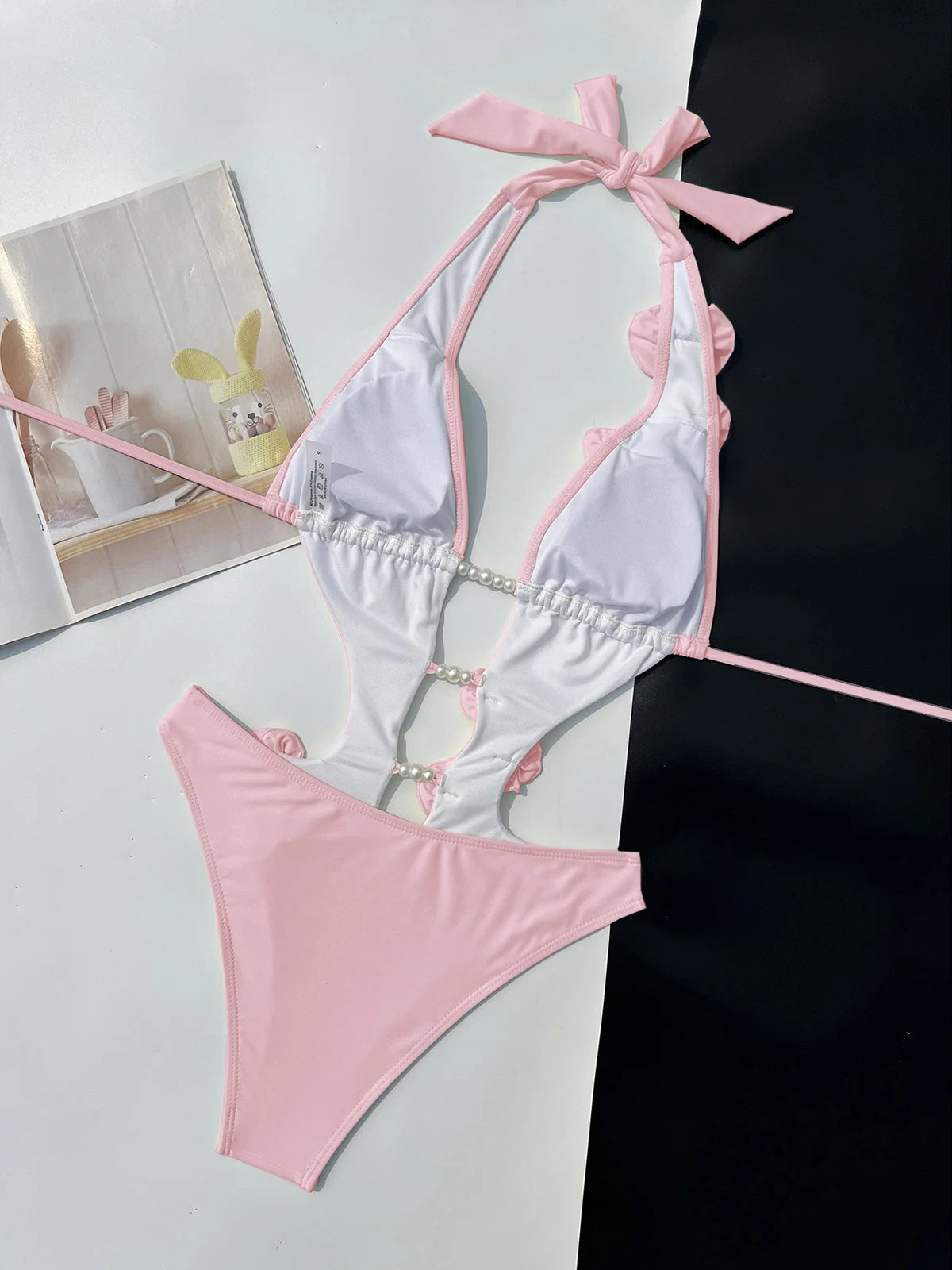 Sexy 3D Flowers Deep V Neck Halter Women Swimwear One Piece Swimsuit Female High Cut Leg Monokini Bather Bathing Suit Swim V6986