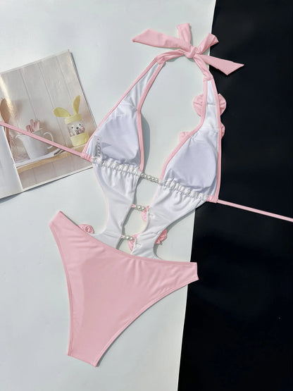 Sexy 3D Flowers Deep V Neck Halter Women Swimwear One Piece Swimsuit Female High Cut Leg Monokini Bather Bathing Suit Swim V6986