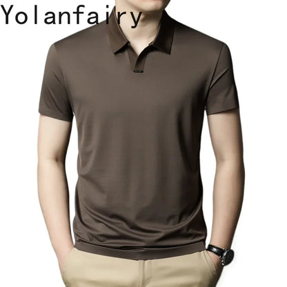 YOLANFAIRY 2.6% Mulberry Silk Polo Shirts Mens T Shirt Short Sleeve T Shirt Men Summer Fashion Tops Men Clothing Футболка Поло