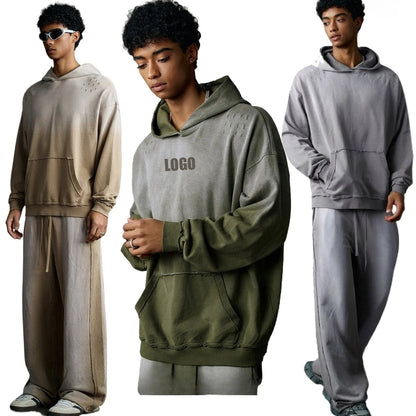 Custom LOGO men's 2025 autumn 370G heavy 100% cotton gradual change hole hooded sweater straight trousers set
