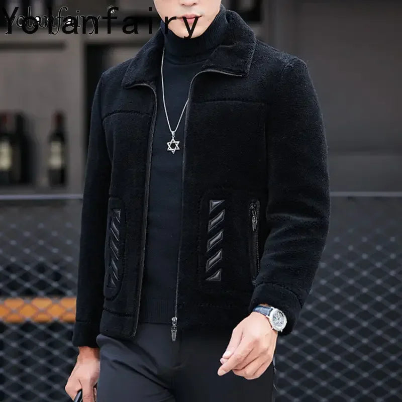 YOLANFAIRY Genuine Leather Men Sheep Sheared Grain Lamb Fur Coat Men Real Woolen Jackets Men's Clothing Mens Fur Jacket Coat