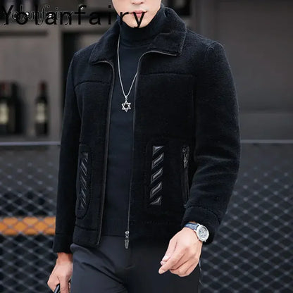 YOLANFAIRY Genuine Leather Men Sheep Sheared Grain Lamb Fur Coat Men Real Woolen Jackets Men's Clothing Mens Fur Jacket Coat