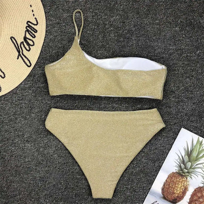 Shiny Glitter Sparkling High Waist Bikini Female Swimsuit Women Swimwear Two-pieces Bikini set One Shoulder Bathing Suit V1264