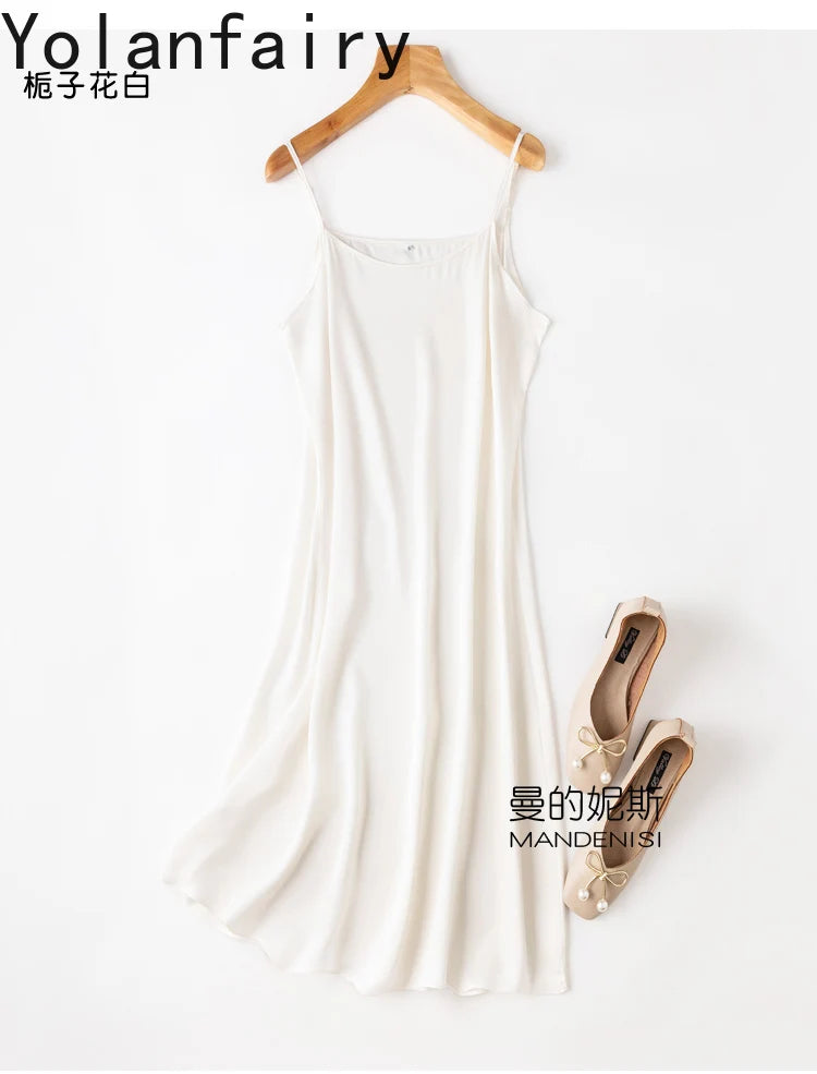 YOLANFAIRY 19momme 93% Mulberry Silk Spaghetti Strap Dress for Women Elegant Mid-length Sexy Real Silk Summer Dresses Woman 원피스